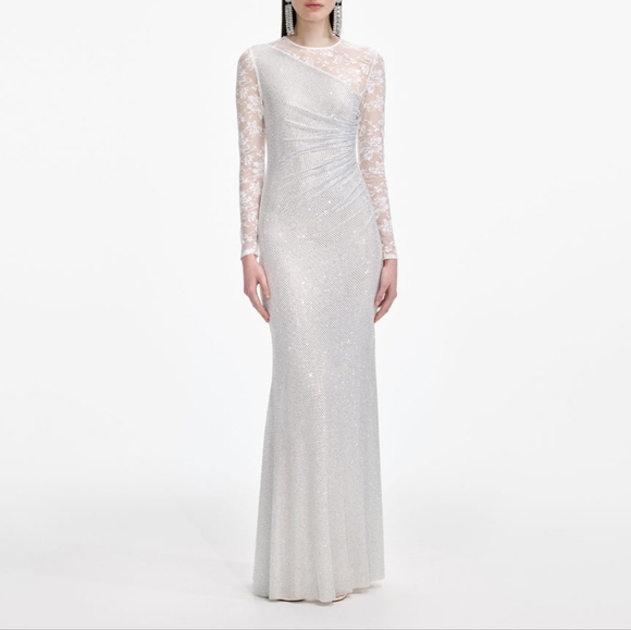 Self-Portrait White Rhinestone Lace Sleeves Maxi Dress